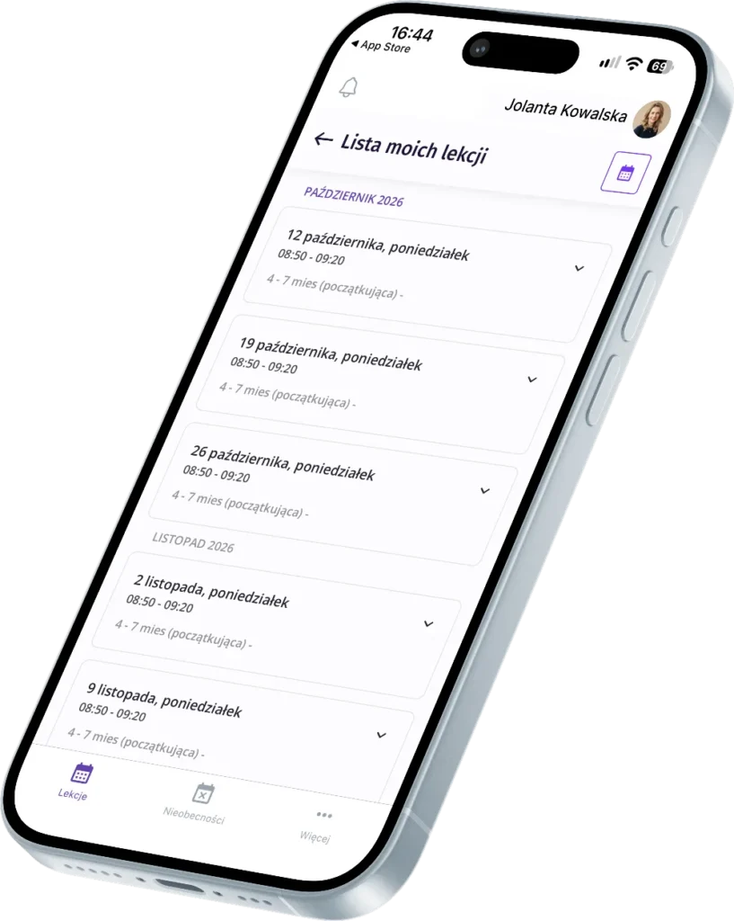 Aplikacja ActiveNow na telefonie: lista lekcji dziecka